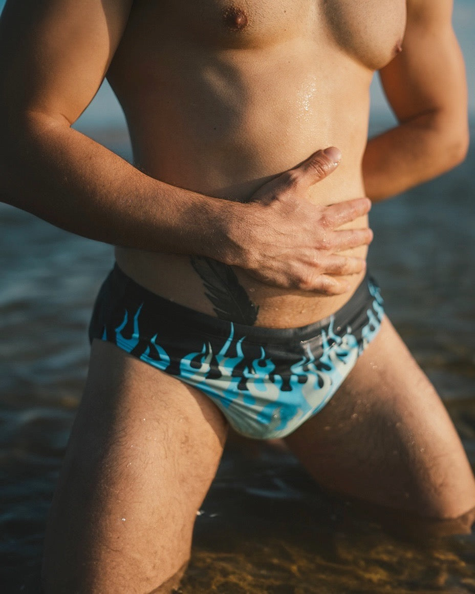 Mens blue flame speedo, Hotrod fire print swim briefs, gay mens swimwear, retro trendy fire print swimming trunks