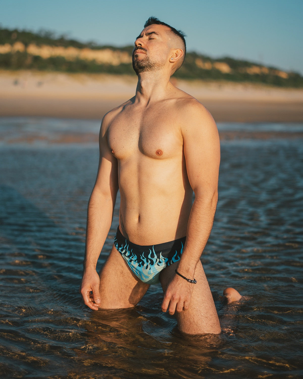 Mens blue flame speedo, Hotrod fire print swim briefs, gay mens swimwear, retro trendy fire print swimming trunks