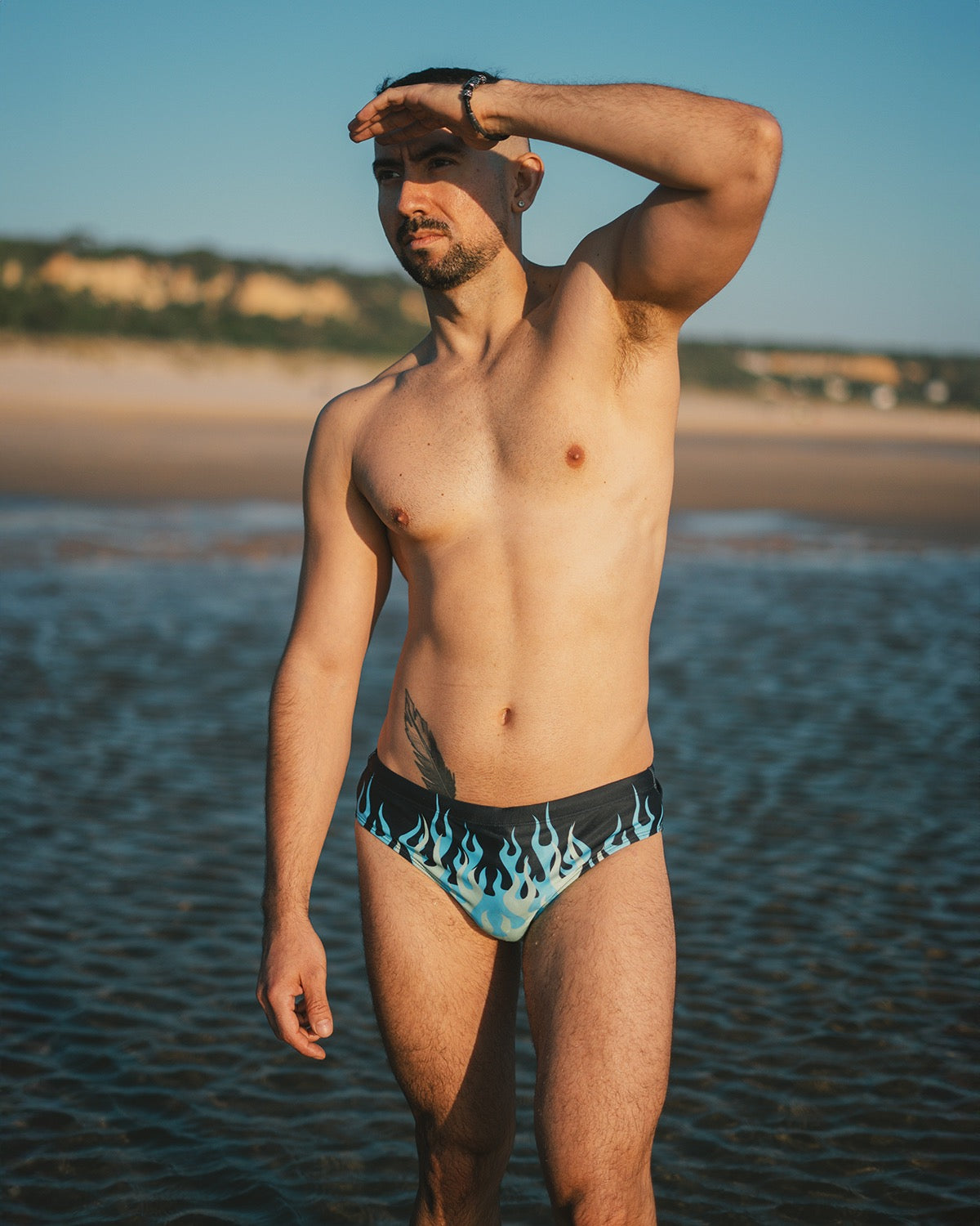 Mens blue flame speedo, Hotrod fire print swim briefs, gay mens swimwear, retro trendy fire print swimming trunks
