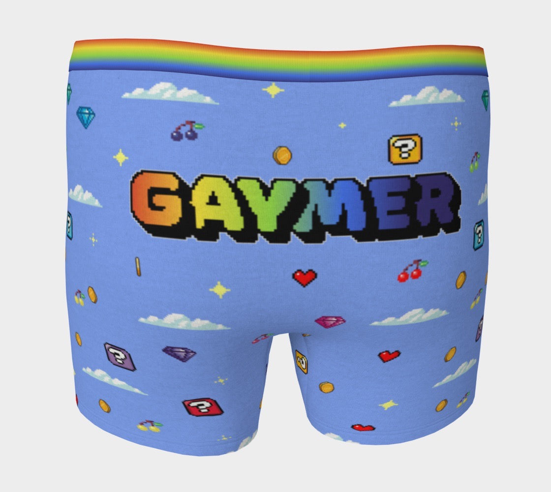 Gaymer Pride Men's Boxer Briefs With Retro Video Game Pixel Art Pattern and Rainbow Elastic Waist Band