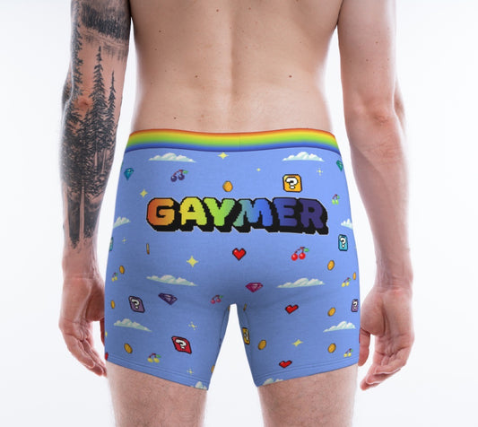 Gaymer Pride Men's Boxer Briefs With Retro Video Game Pixel Art Pattern and Rainbow Elastic Waist Band
