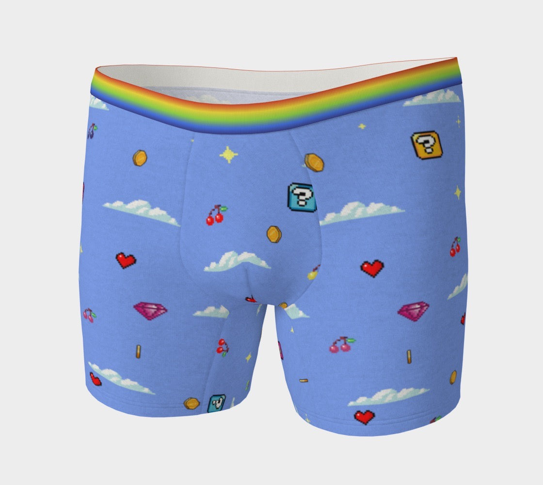 Gaymer Pride Men's Boxer Briefs With Retro Video Game Pixel Art Pattern and Rainbow Elastic Waist Band