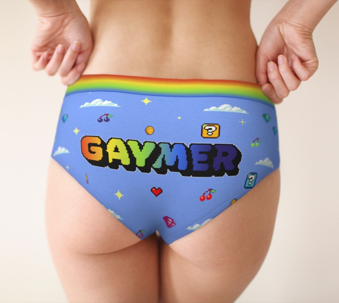 Gaymer Pride Women's Cheeky Briefs With Retro Video Game Pixel Art Pattern and Rainbow Elastic Waist Band