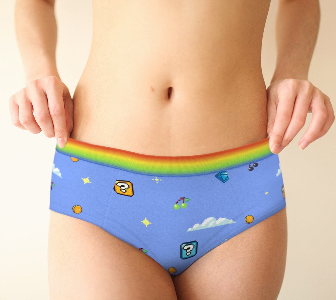 Gaymer Pride Women's Cheeky Briefs With Retro Video Game Pixel Art Pattern and Rainbow Elastic Waist Band