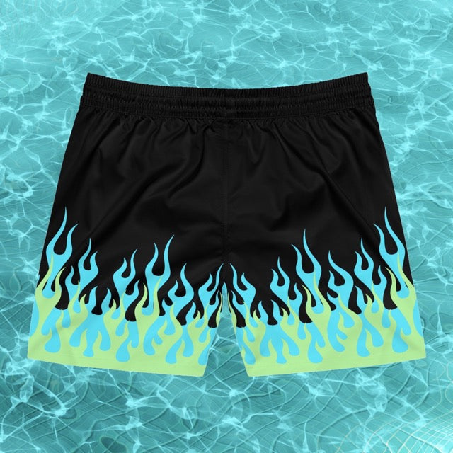 Blue and Green Hot Rod Flames / Fire Print Pattern Swim Trunks - Alex Mac Design