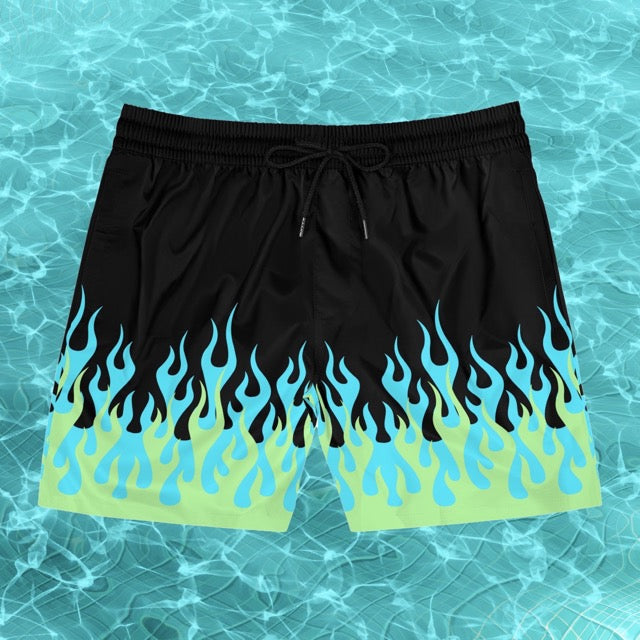 Blue and Green Hot Rod Flames / Fire Print Pattern Swim Trunks - Alex Mac Design