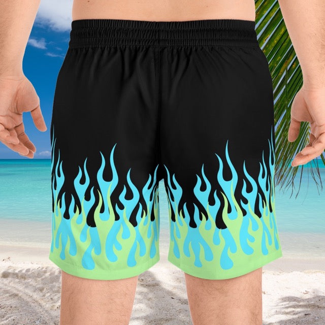 Blue and Green Hot Rod Flames / Fire Print Pattern Swim Trunks - Alex Mac Design