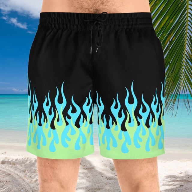 Blue and Green Hot Rod Flames / Fire Print Pattern Swim Trunks - Alex Mac Design