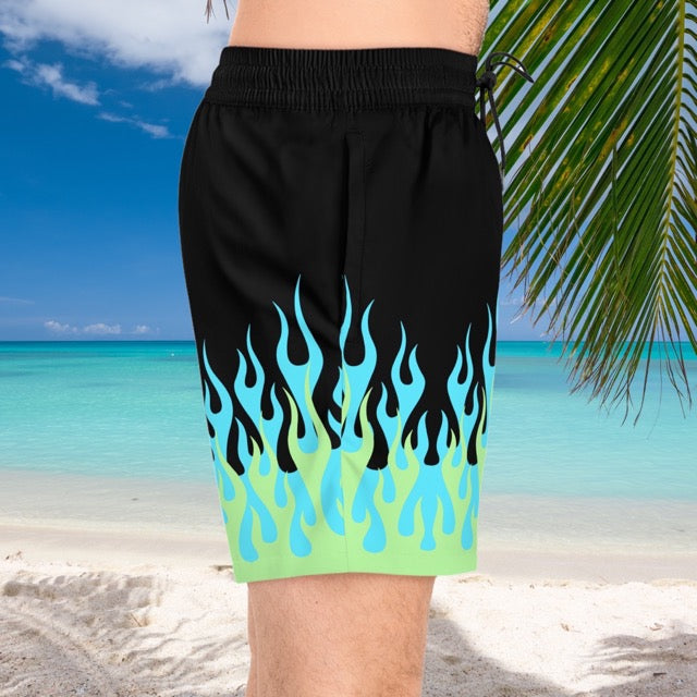 Blue and Green Hot Rod Flames / Fire Print Pattern Swim Trunks - Alex Mac Design