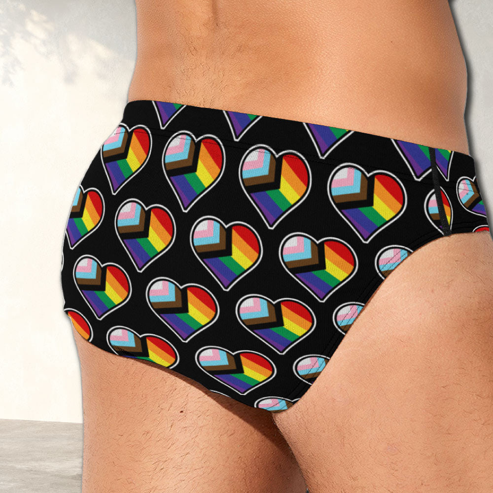 Progress Pride Flag Heart Shape Pattern Gay Mens Brief Underwear - Alex Mac Design