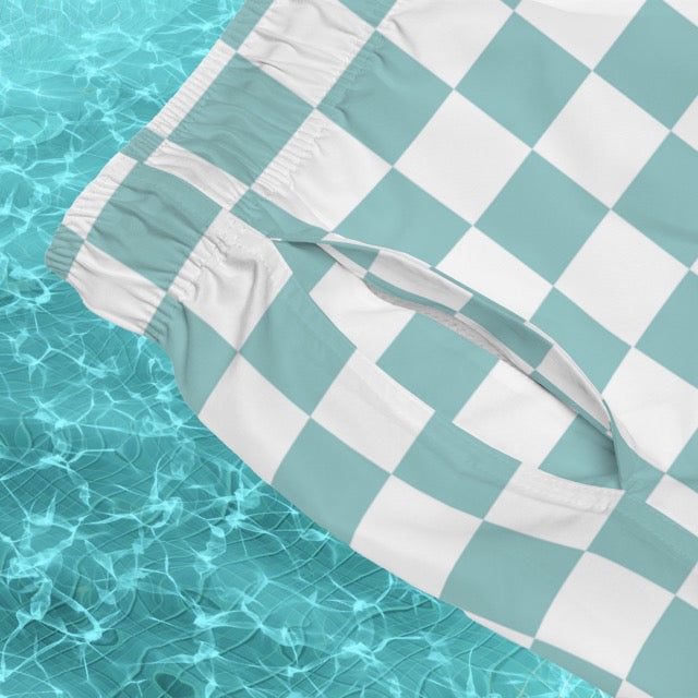 Checkerboard Swim Trunks in Teal - Alex Mac Design