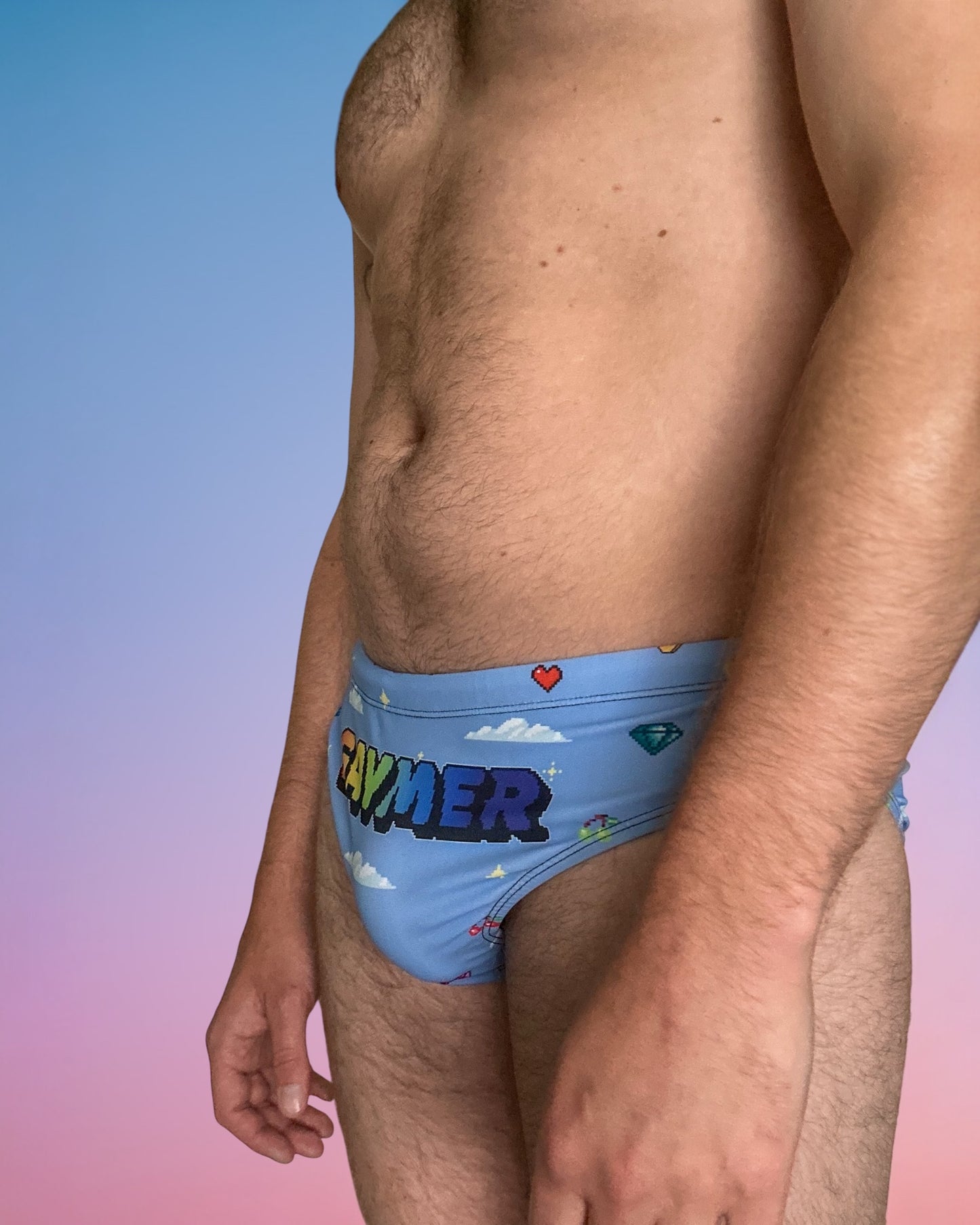 Gay Gaymer Pride Mens Speedo Style Swim Briefs, Retro Pixel Art Pattern by Alex Mac Design