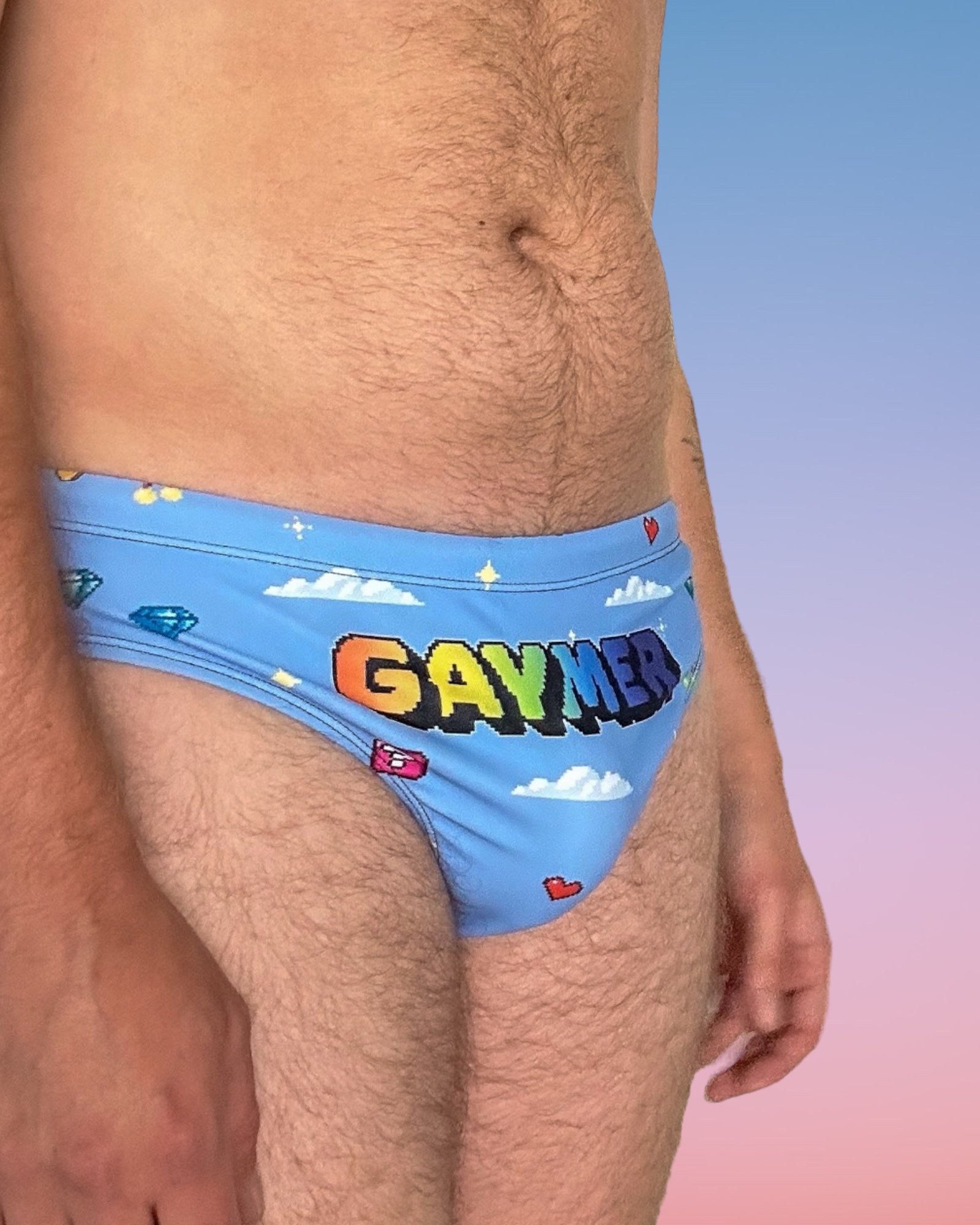 Gay Gaymer Pride Mens Speedo Style Swim Briefs, Retro Pixel Art Pattern by Alex Mac Design