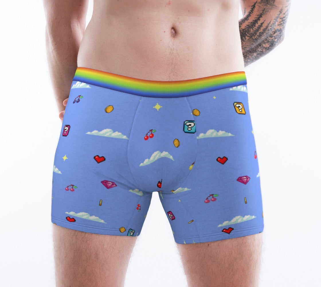 Gaymer Pride Men's Boxer Briefs With Retro Video Game Pixel Art Pattern and Rainbow Elastic Waist Band