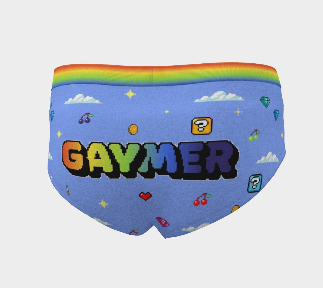 Gaymer Pride Women's Cheeky Briefs With Retro Video Game Pixel Art Pattern and Rainbow Elastic Waist Band