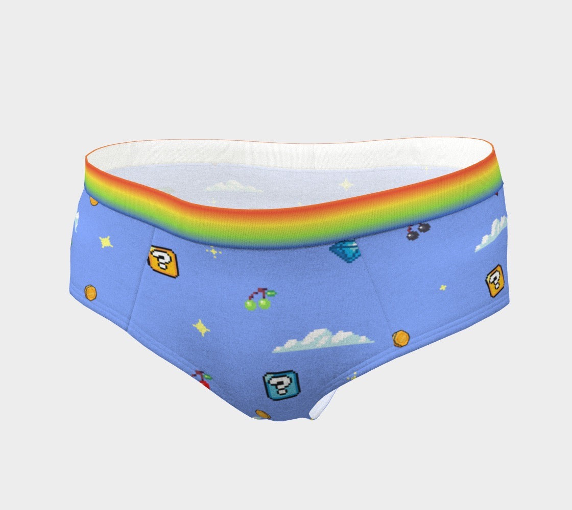 Gaymer Pride Women's Cheeky Briefs With Retro Video Game Pixel Art Pattern and Rainbow Elastic Waist Band