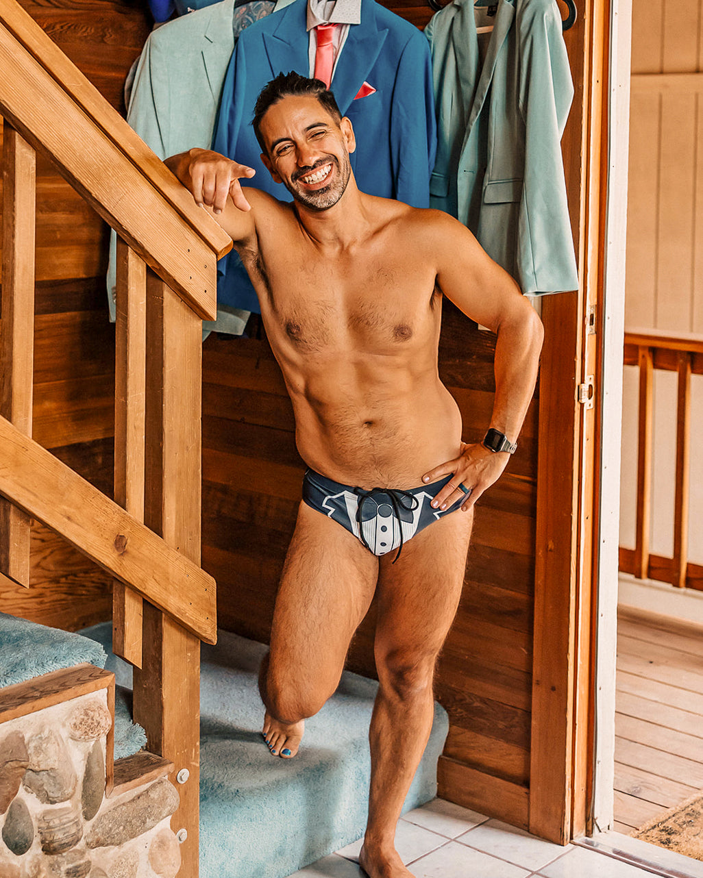 Tuxedo Speedo, Mens Swim Briefs, Groom Swimwear, Custom Husband Swimsuit Gift, Matching Bachelor Party Swimming Trunk, Honeymoon Beachwear, Wedding Board Short, Alex Mac Design