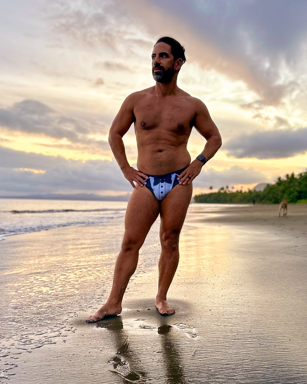 Tuxedo Speedo, Mens Swim Briefs, Groom Swimwear, Custom Husband Swimsuit Gift, Matching Bachelor Party Swimming Trunk, Honeymoon Beachwear, Wedding Board Short, Alex Mac Design