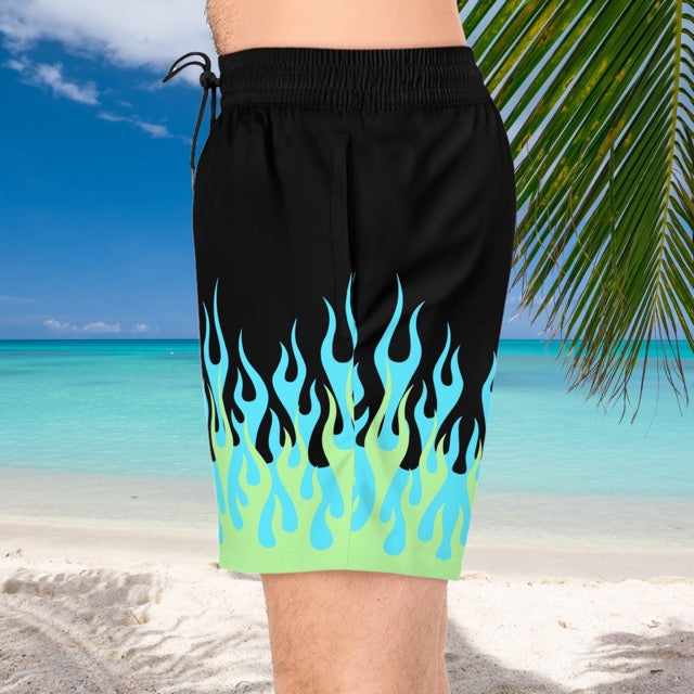 Blue and Green Hot Rod Flames / Fire Print Pattern Swim Trunks - Alex Mac Design
