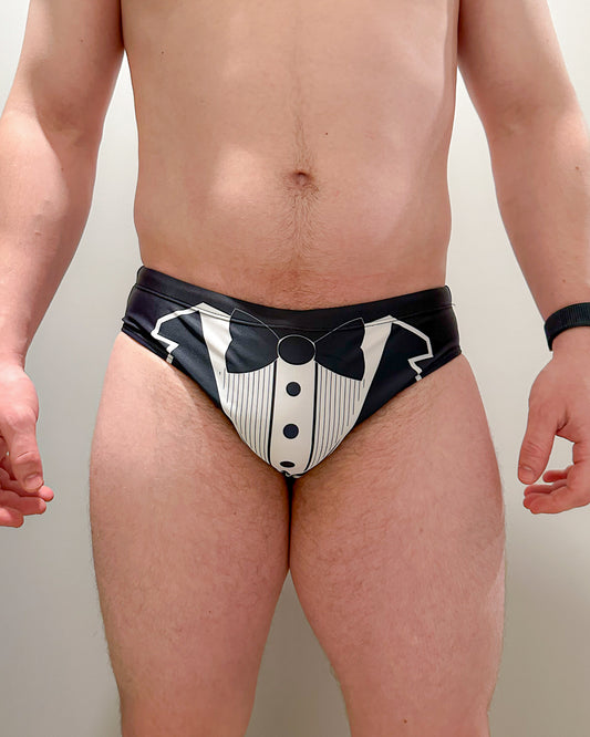 Tuxedo Speedo, Men's Swim Briefs, Groom Swimwear, Custom Husband Swimsuit Gift, Matching Bachelor Party Swimming Trunk, Honeymoon Beachwear, Wedding Board Short, Alex Mac Design